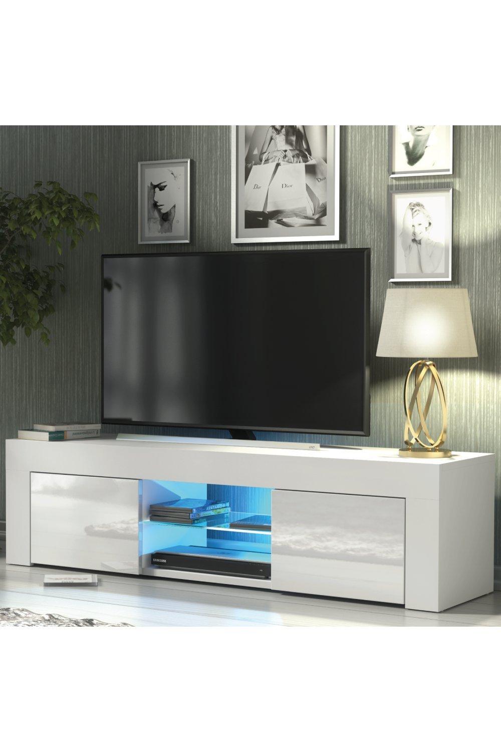 TV Unit 130cm Cabinet TV Stand Living Room High Gloss Doors - White