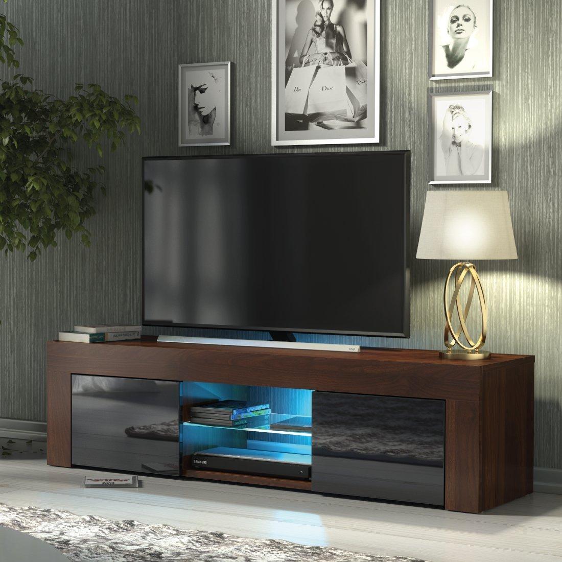 TV Unit 130cm Cabinet TV Stand High Gloss Doors - Walnut&Black