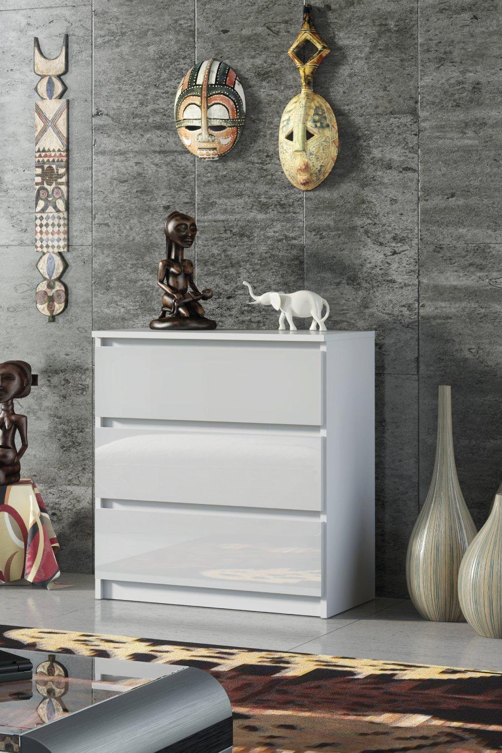 Chest Of Drawers Cabinet Cupboard Bedroom - White Gloss 3 Drawers