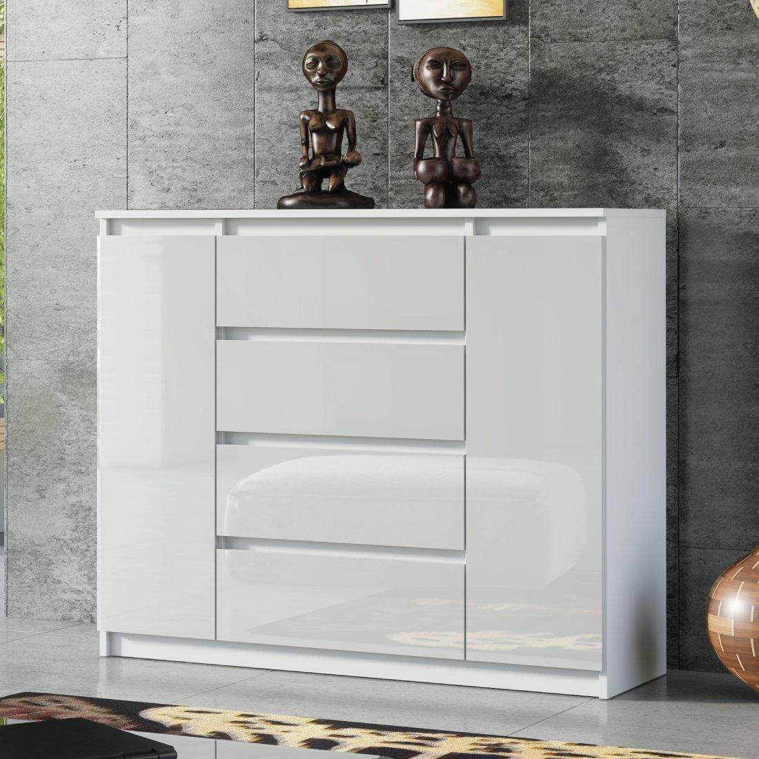 Chest Of Drawers Bedroom - White Gloss 4 Drawers 2 Doors