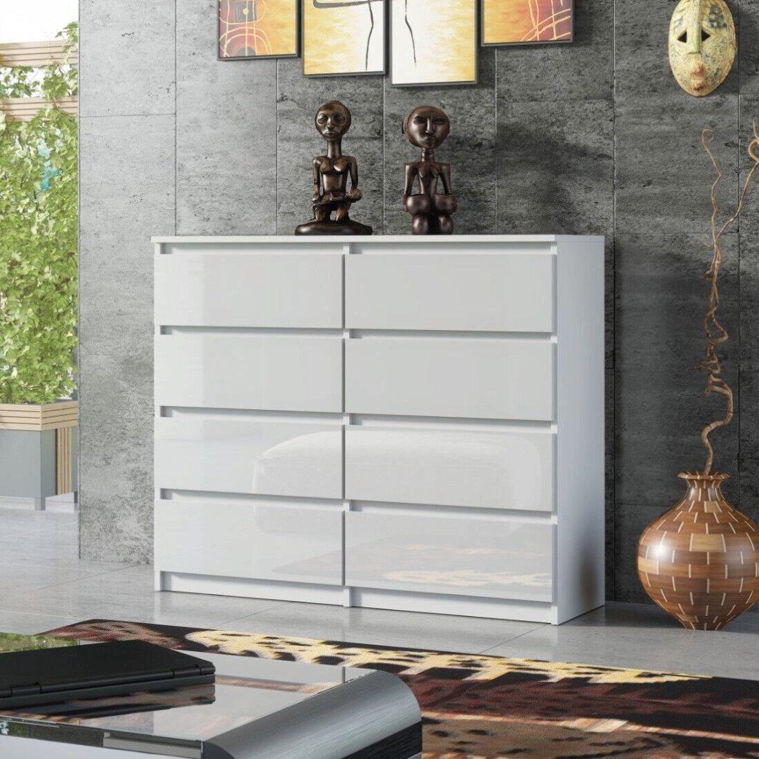 Chest Of Drawers Cabinet Cupboard Bedroom - White Gloss 8 Drawers