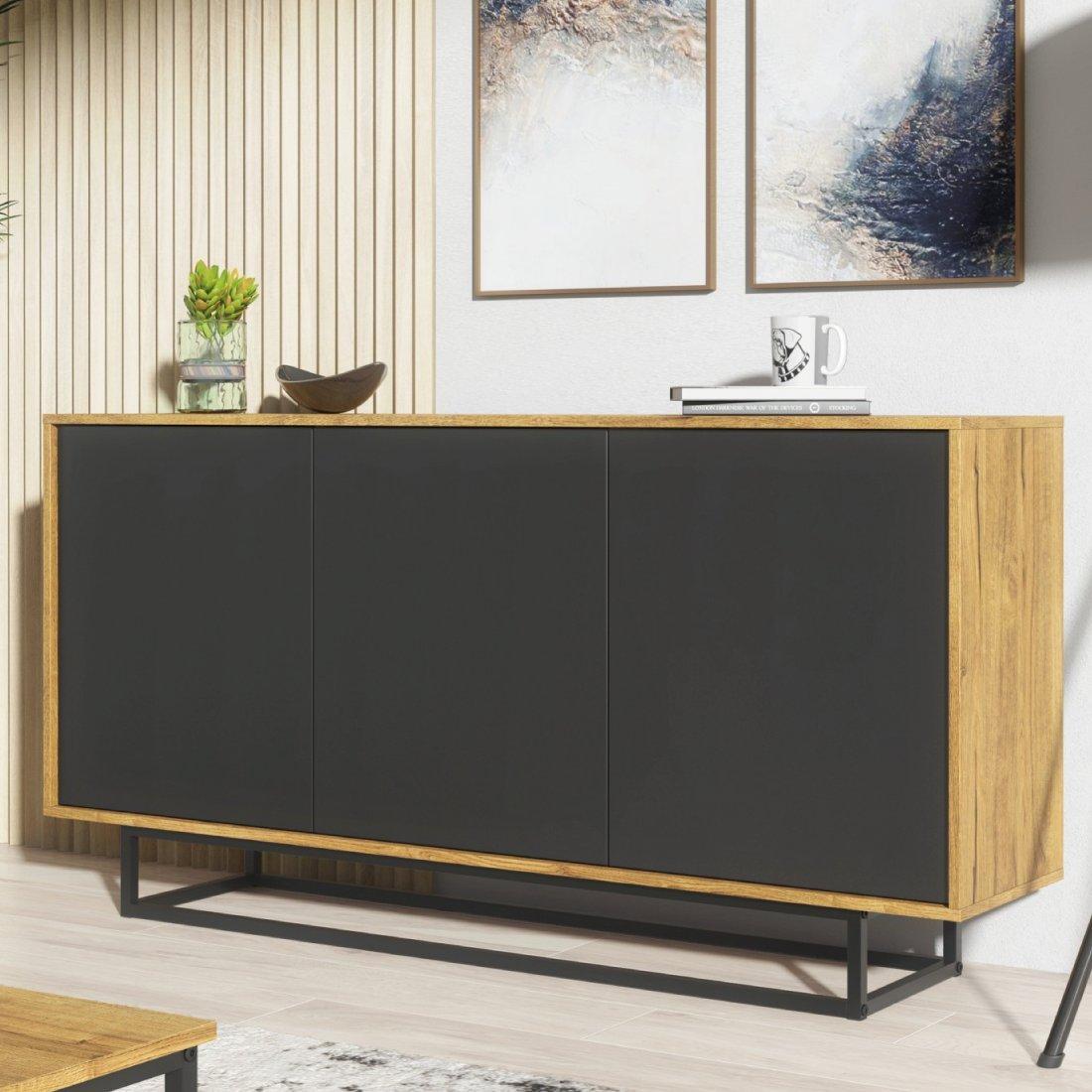 Sideboard 160cm Sideboard Cabinet Cupboard TV Stand - Oak & Black