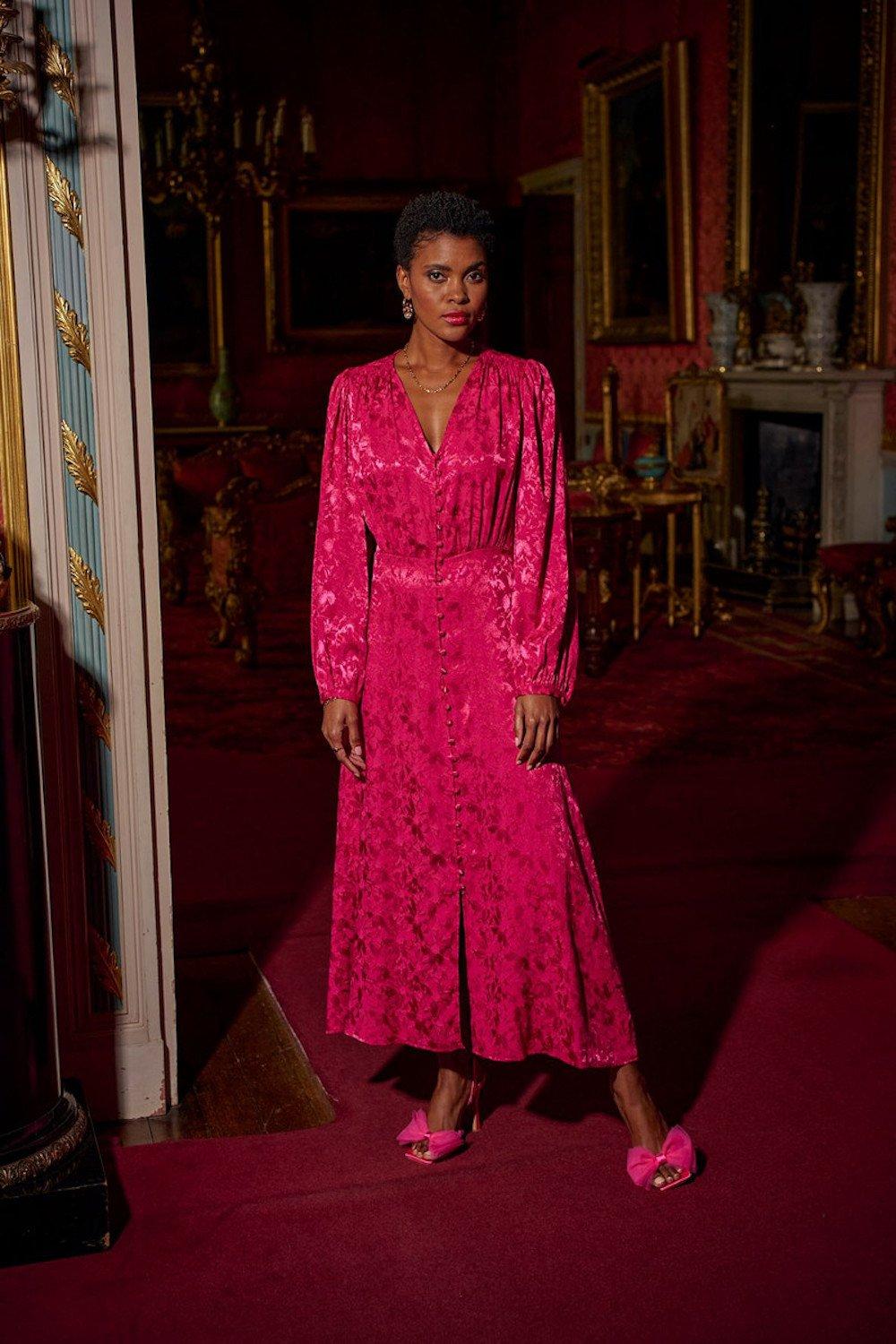 Button Through Jacquard Midi Dress In Pink