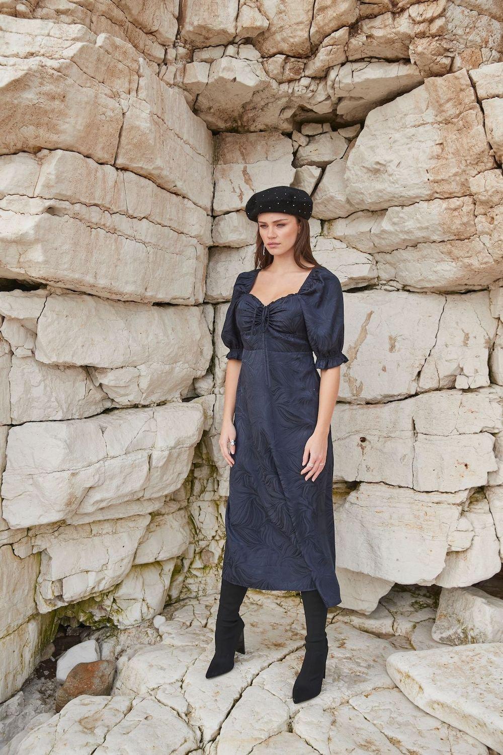 Milkmaid Jacquard Midi Dress With Puff Sleeves In Navy
