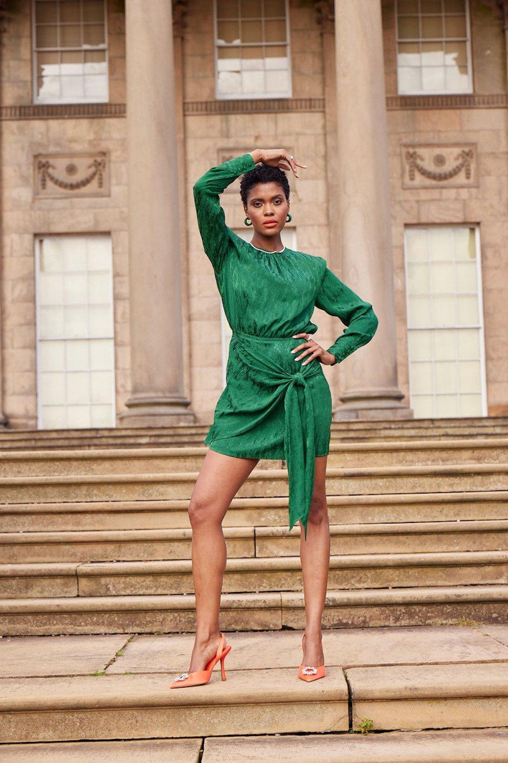 Jacquard Wrap Front Mini Dress With Long Sleeves In Green