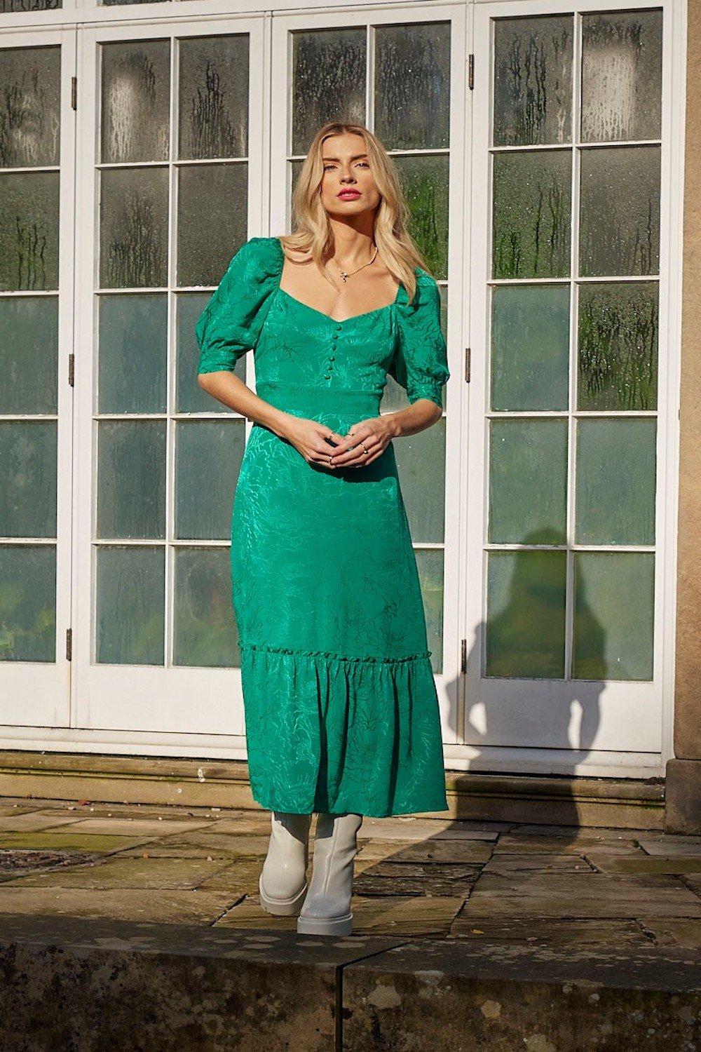 Puff Sleeved Jacquard Midi Dress With Button Detail In Green