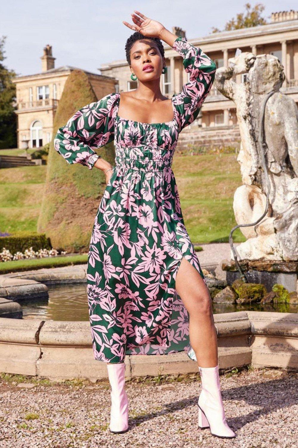 Long Sleeved Floral Satin Midi Dress With Tie Back In Green