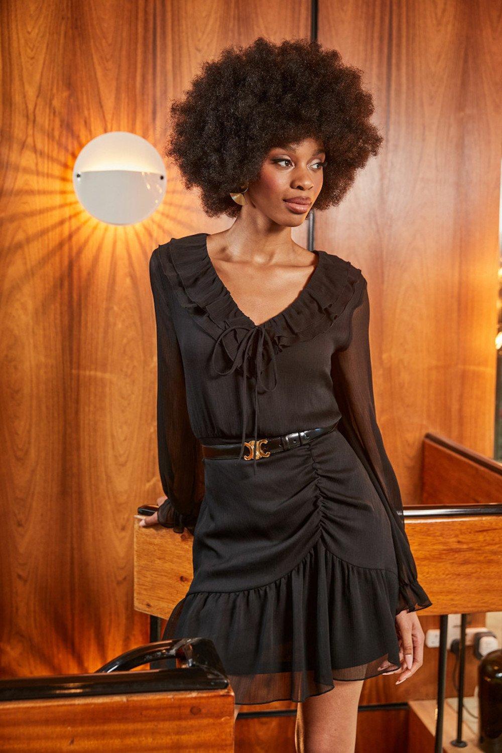 Long Sleeved Mini Dress With Chiffon Ruffle Detail In Black