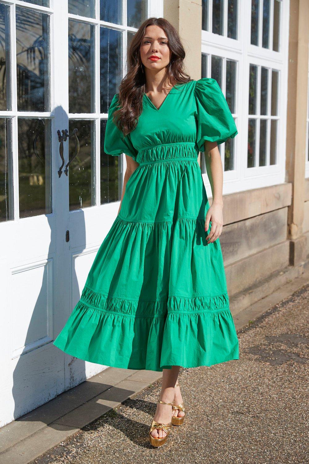 Tiered Midi Dress With Puff Sleeves in Green