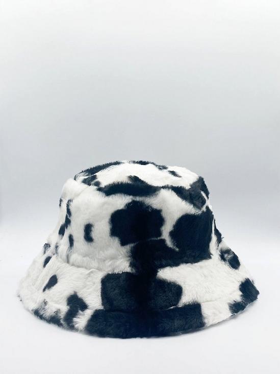 SVNX Black & White Cow Print Faux Fur Bucket Hat 1