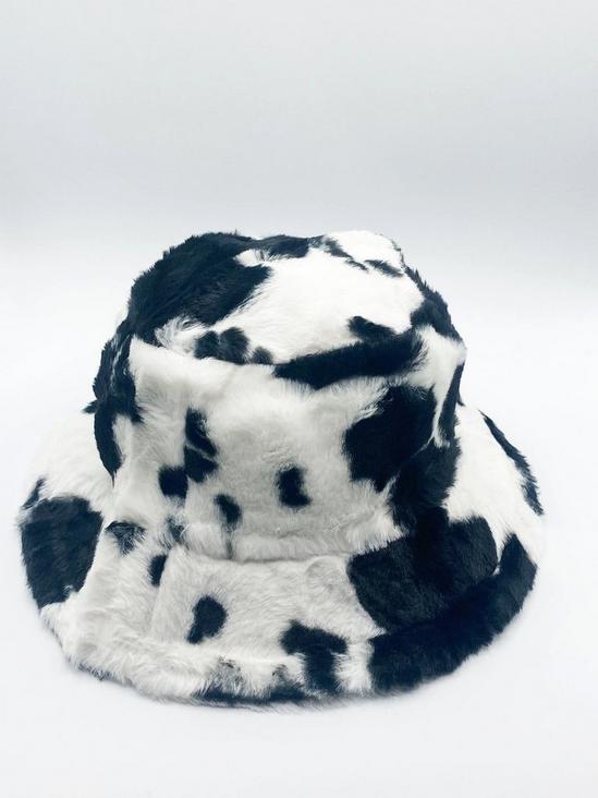 SVNX Black & White Cow Print Faux Fur Bucket Hat 3
