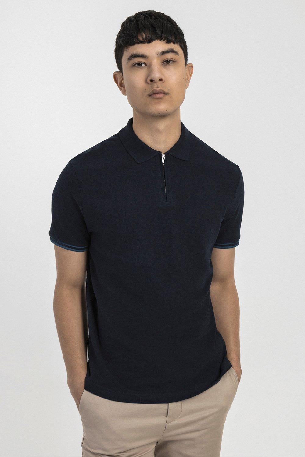 Polos | Navy Textured Polo Shirt With Contrast Rib | Larsson & Co