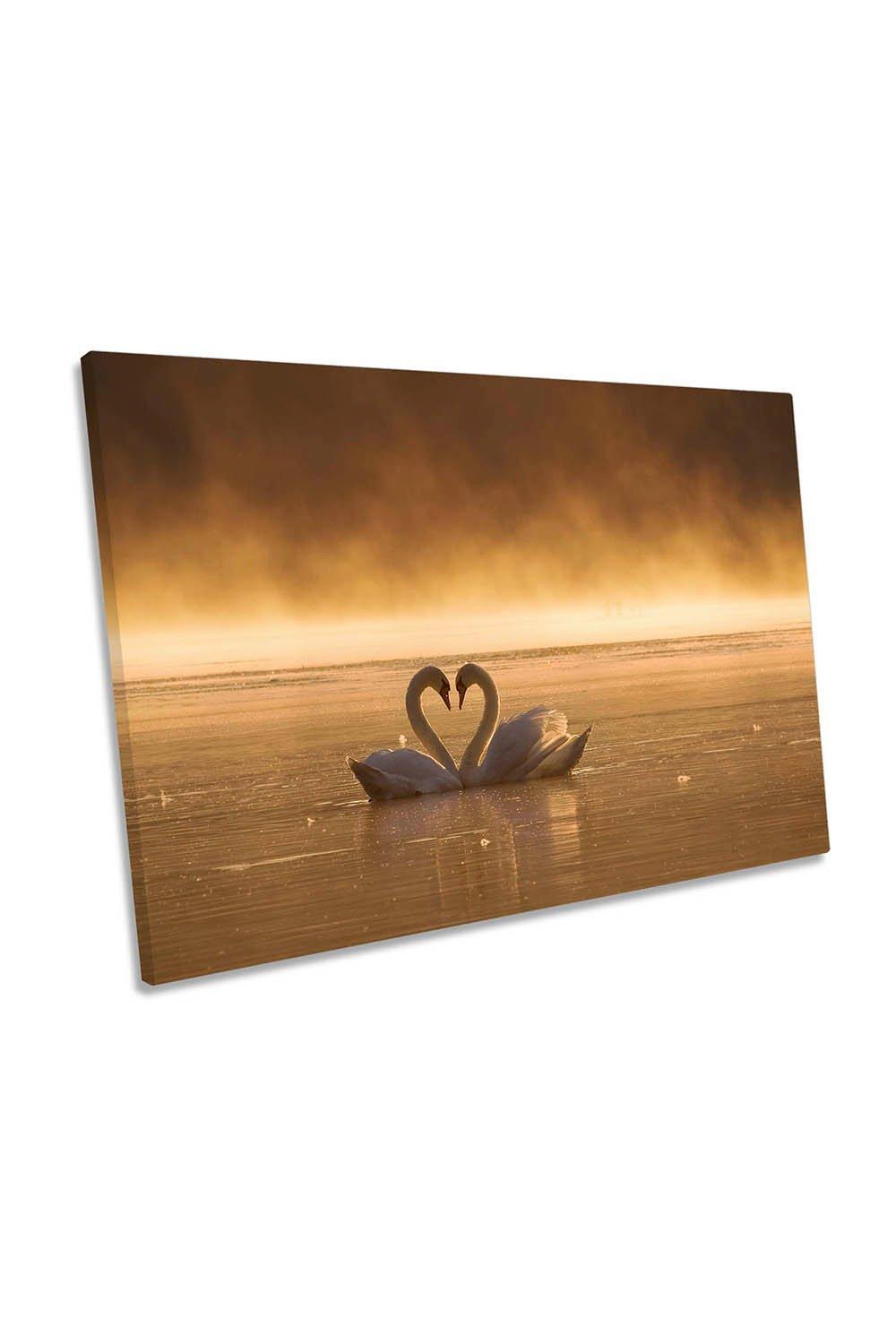 Lovers Swan Lake Sunset Canvas Wall Art Picture Print