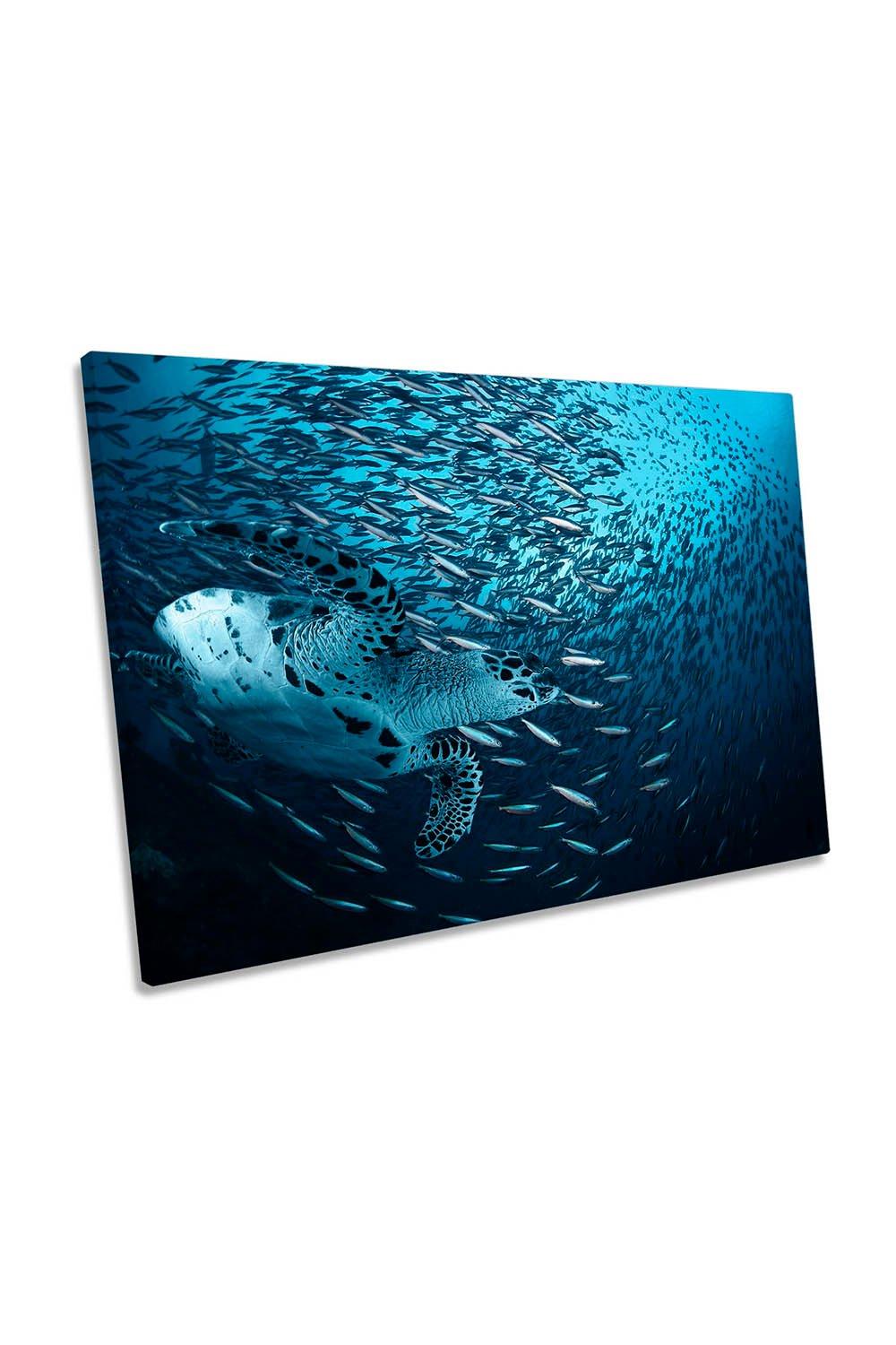 Sea Turtle Tropical Fish Blue Canvas Wall Art Picture Print