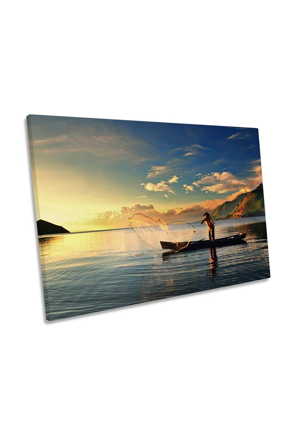 Morning Strike Fishing Asia Sunset Canvas Wall Art Picture Print