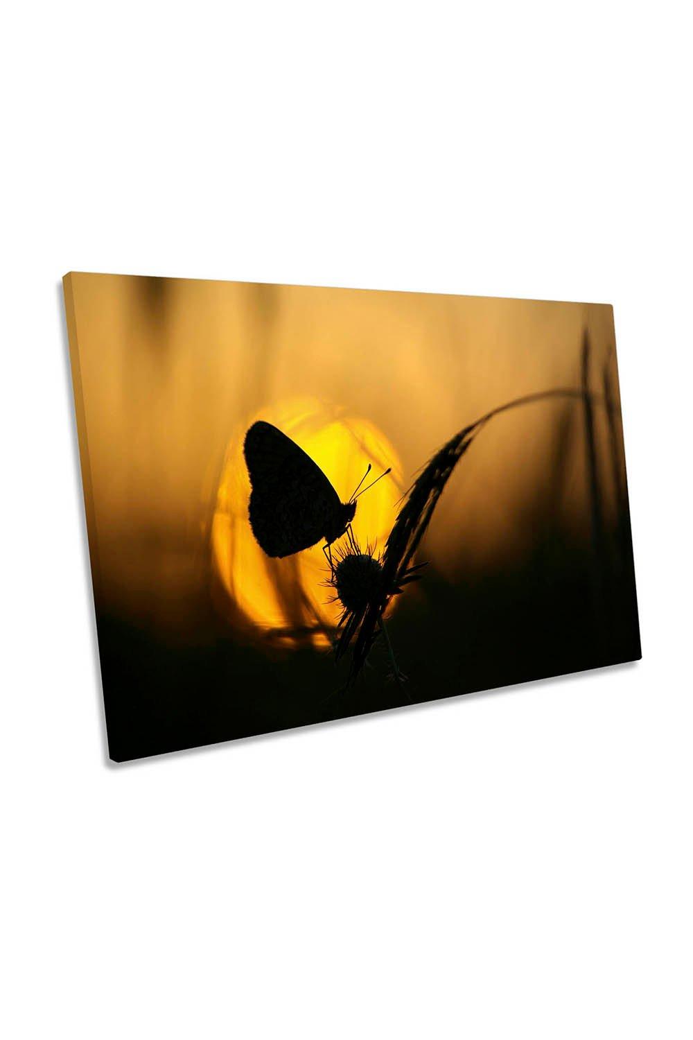 Butterfly Sunset Floral Orange Canvas Wall Art Picture Print