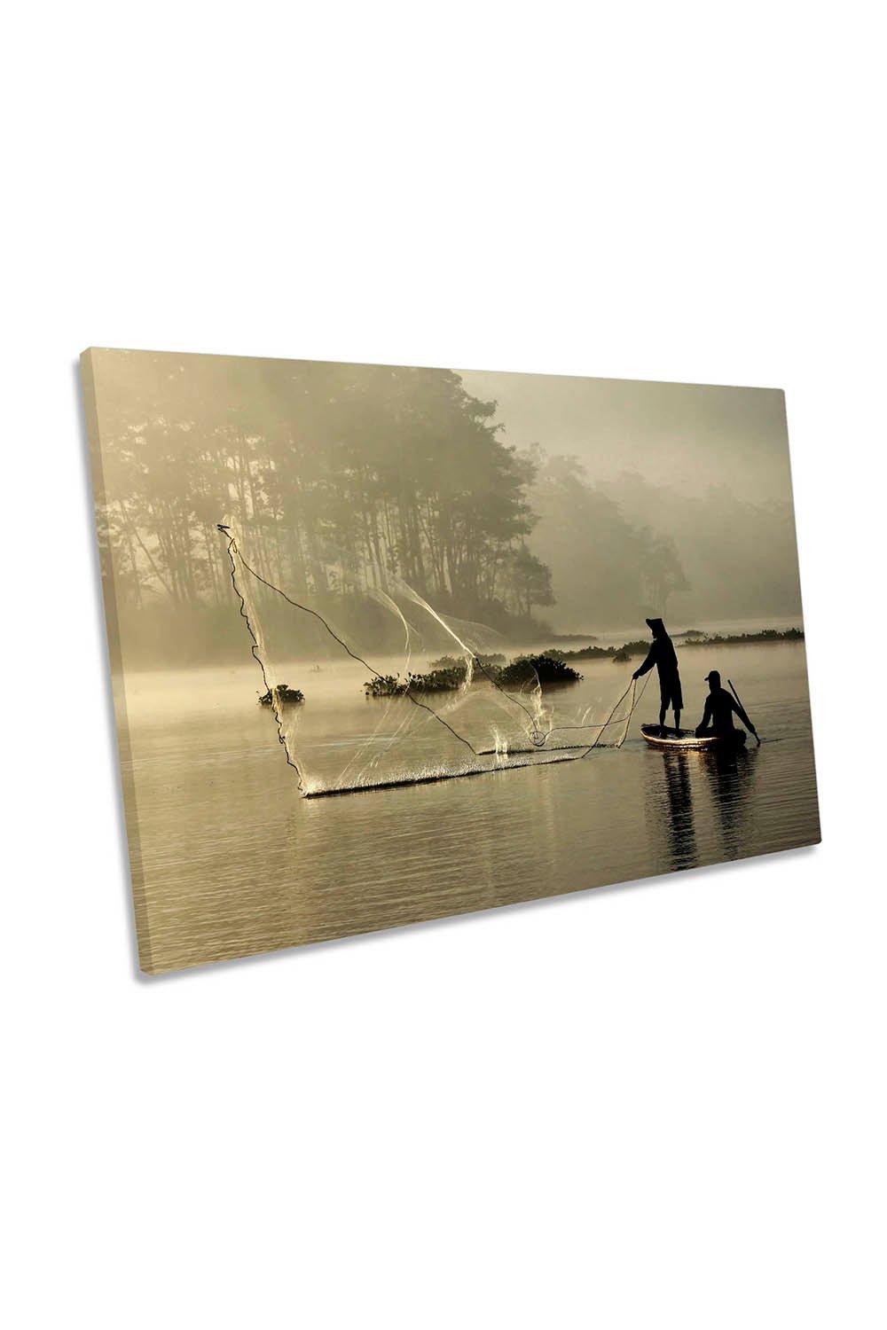 Morning Mist Fisherman Net Asia Lake Canvas Wall Art Picture Print