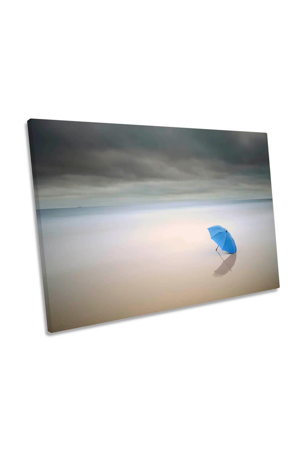 Summer Rain Beach Blue Umbrella Canvas Wall Art Picture Print