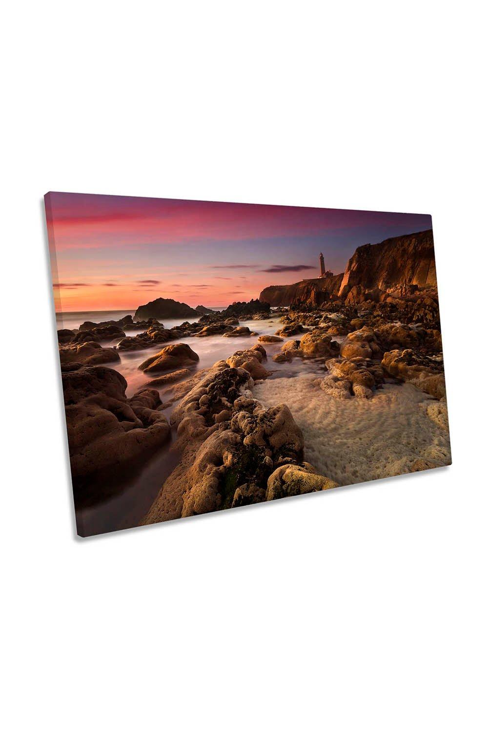 Lighthouse Sunset Rocky Seascape Canvas Wall Art Picture Print