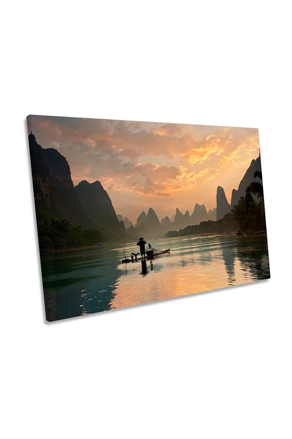Golden Li River Fisherman Asia Canvas Wall Art Picture Print