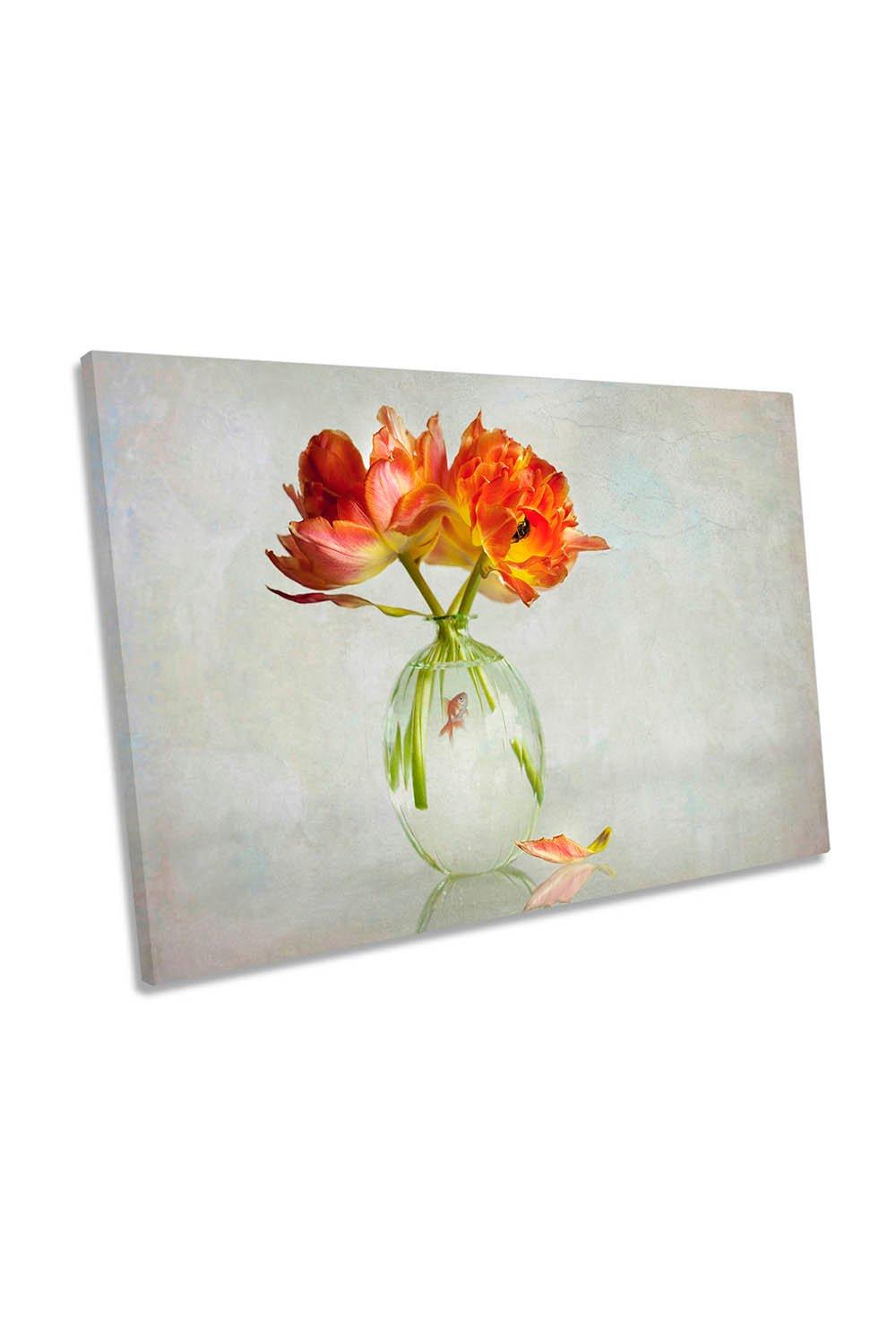 Red Tulip Flower Goldfish Canvas Wall Art Picture Print