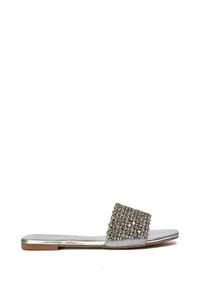 'Daisy Jones' Slip On Slider Diamante Flat Sandals With Square Toe