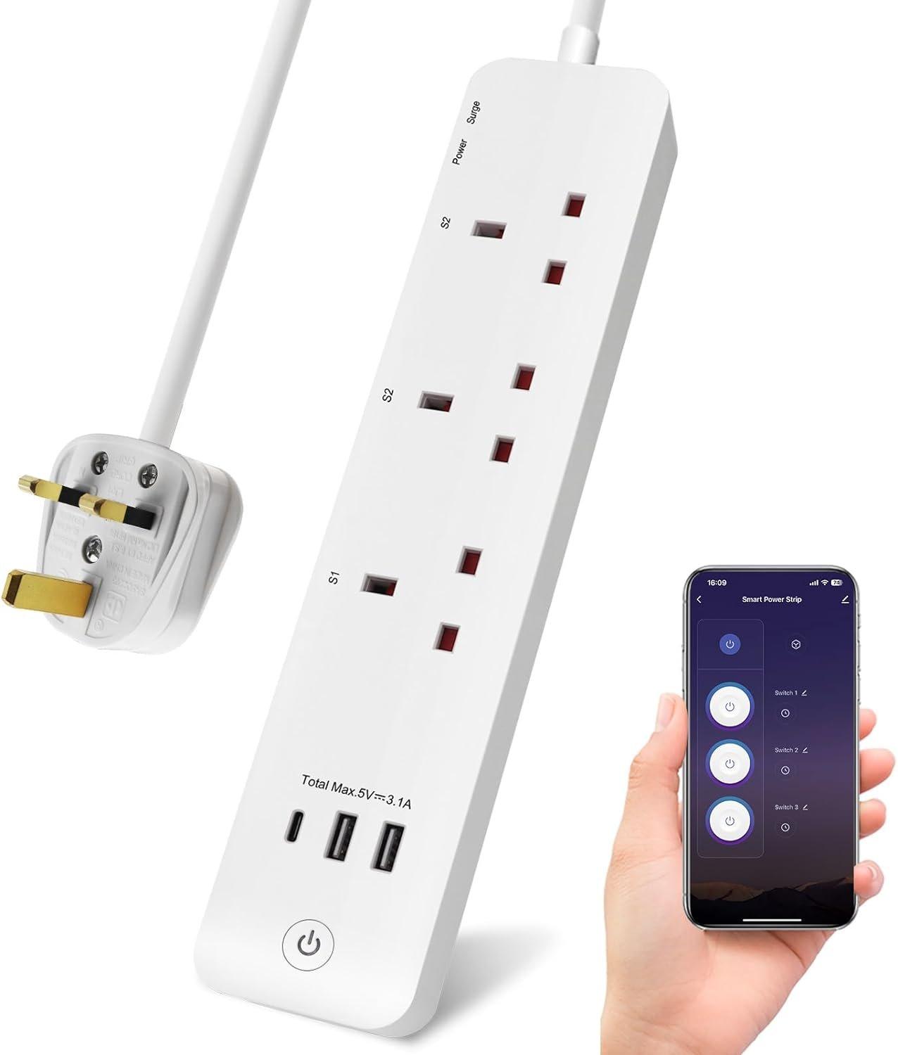 Smart Extension Lead 3 Outlets Surge Protected 1.4M, Wi-Fi Extension Lead with 3 USB Ports (2 USB A+