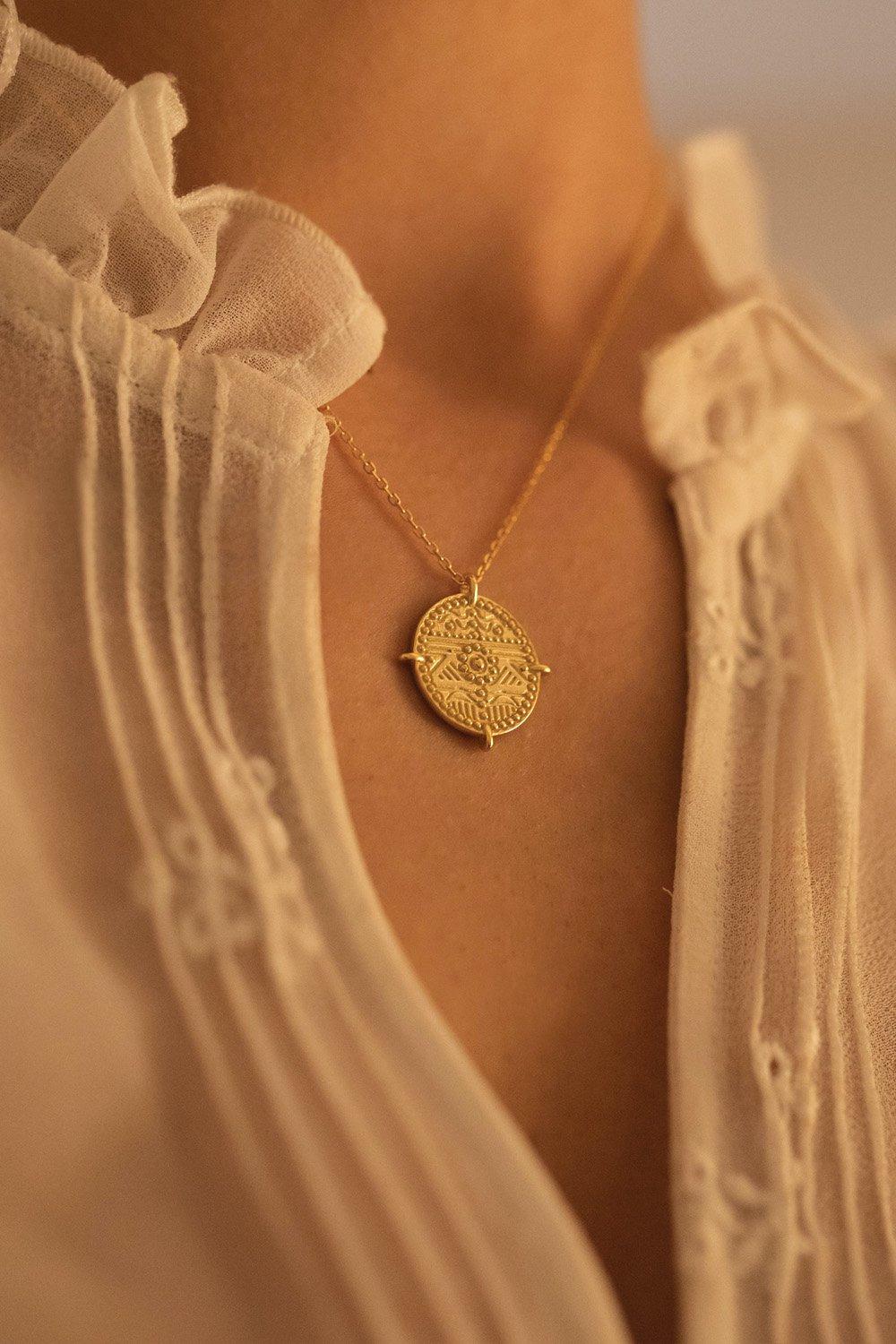 Chunky 18K Gold Aztec Coin Medallion Necklace