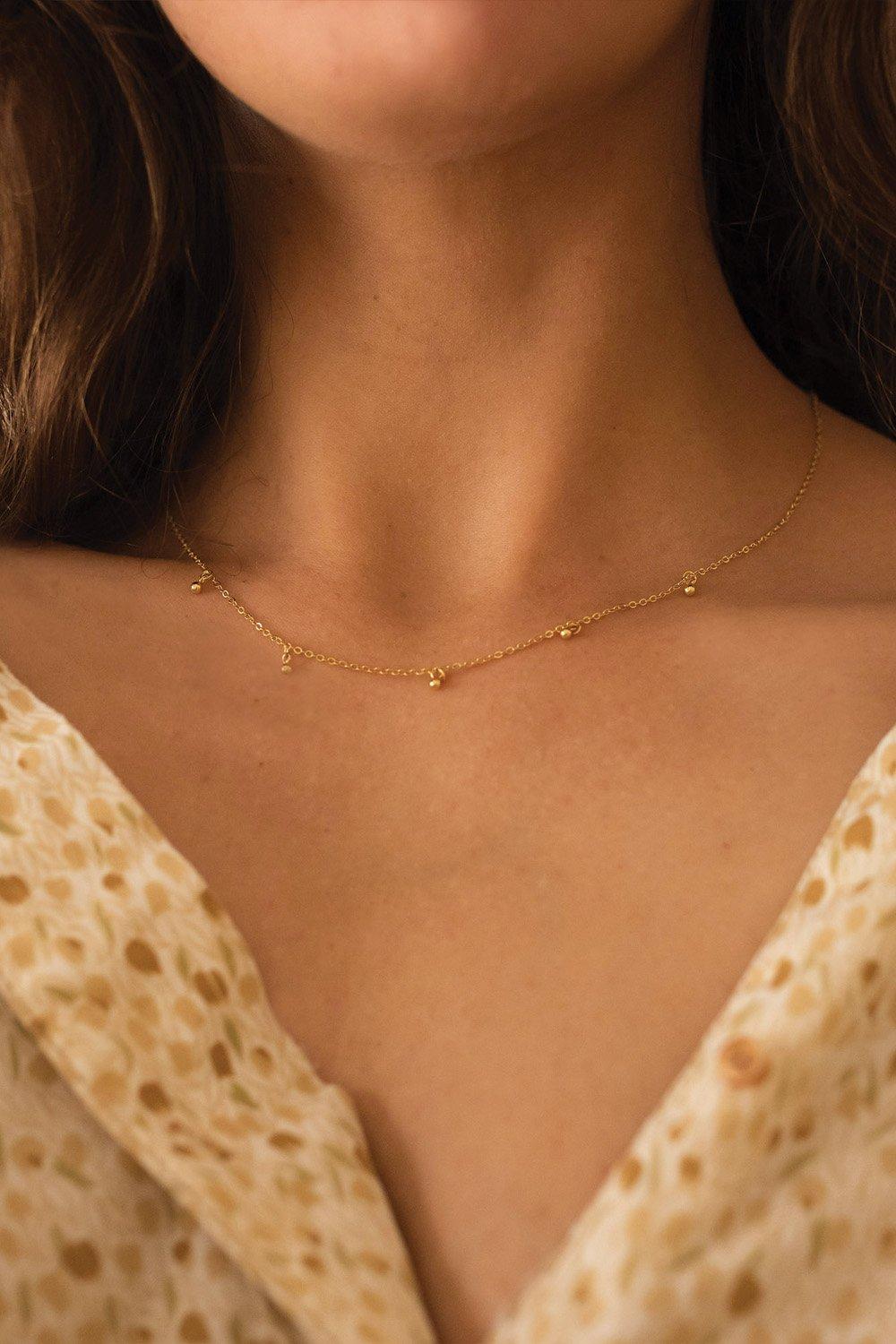Dainty 14K Gold Beaded Drop Choker Necklace