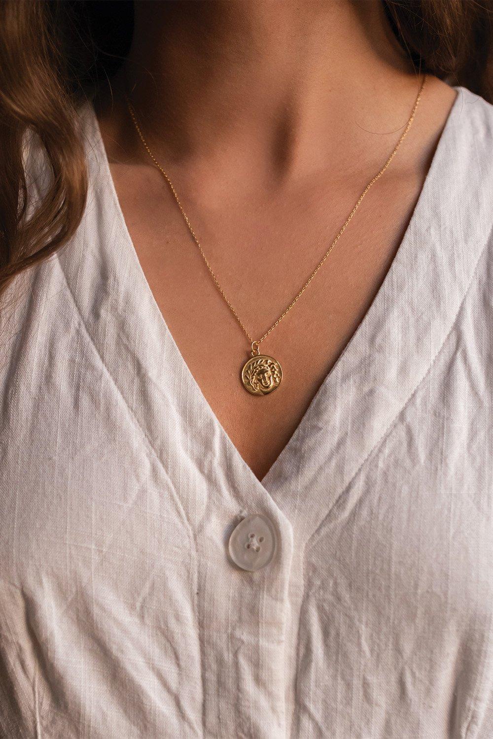 Chunky 14K Gold Coin Medallion Necklace