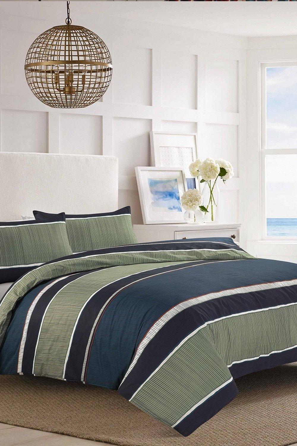 Nate Block Stripe Duvet Cover Set Olive Gree/ Navy Blue Bedding Modern