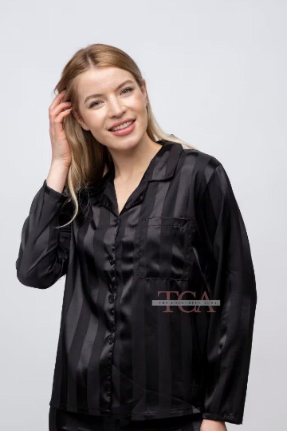 Black Stripe Soft Satin Long Sleeve Night Suit Women's Silk Sleepwear Pyjama Set