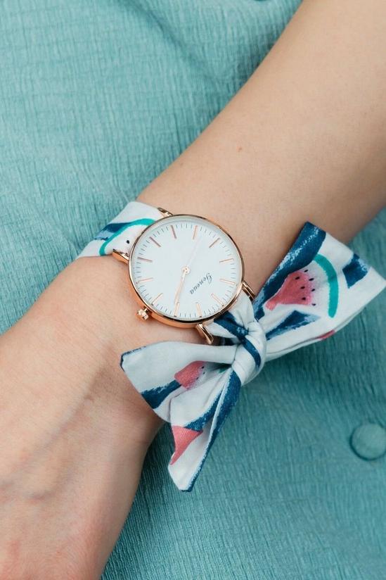 The Colourful Aura Blue Watermelon Print Changeable Cotton Tie Knot Strap Geneva Boho Wristwatch 1