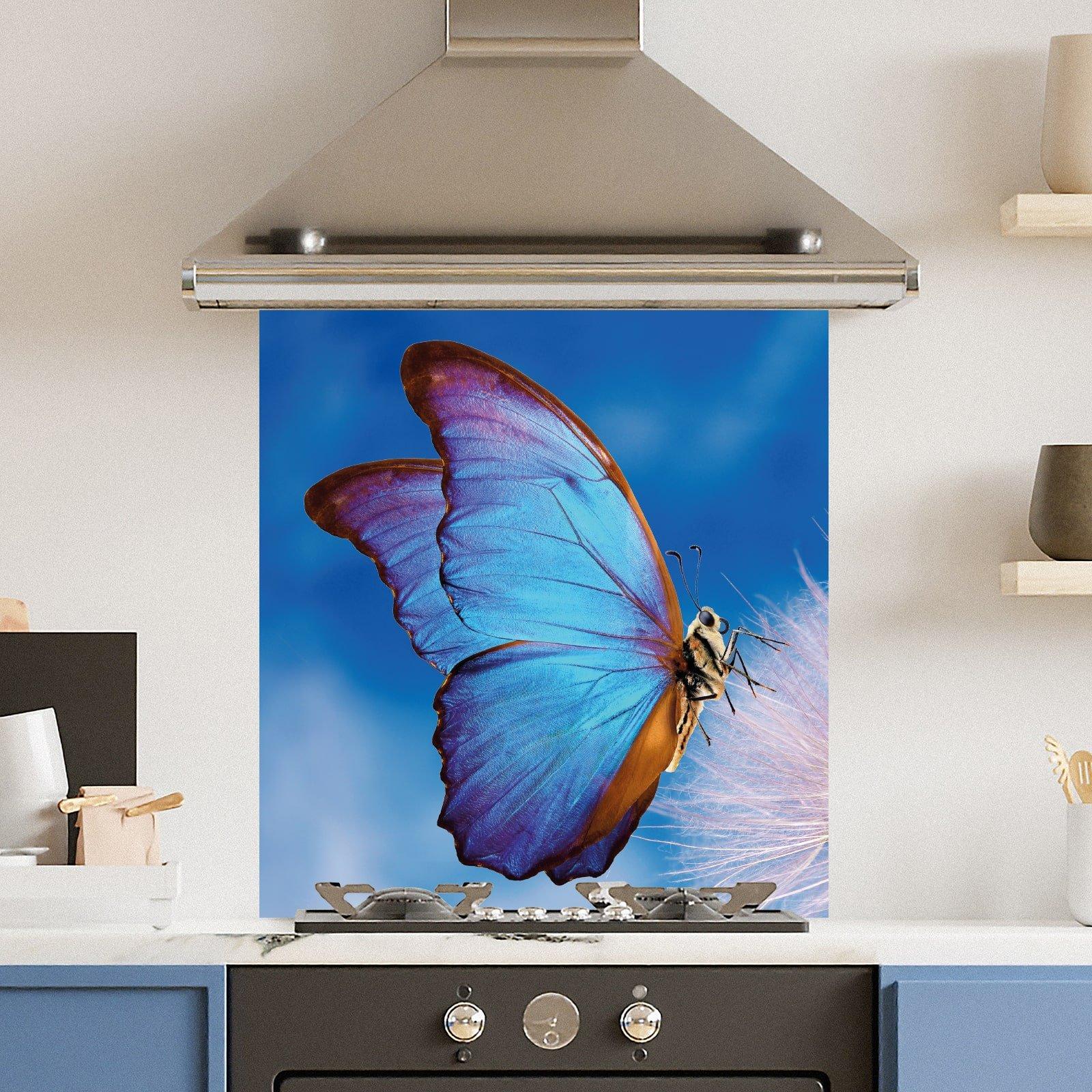 Premium 70cm x 75cm 6mm  Glass Blue Butterfly Kitchen Splashback Various Sizes Toughened - 70 cm