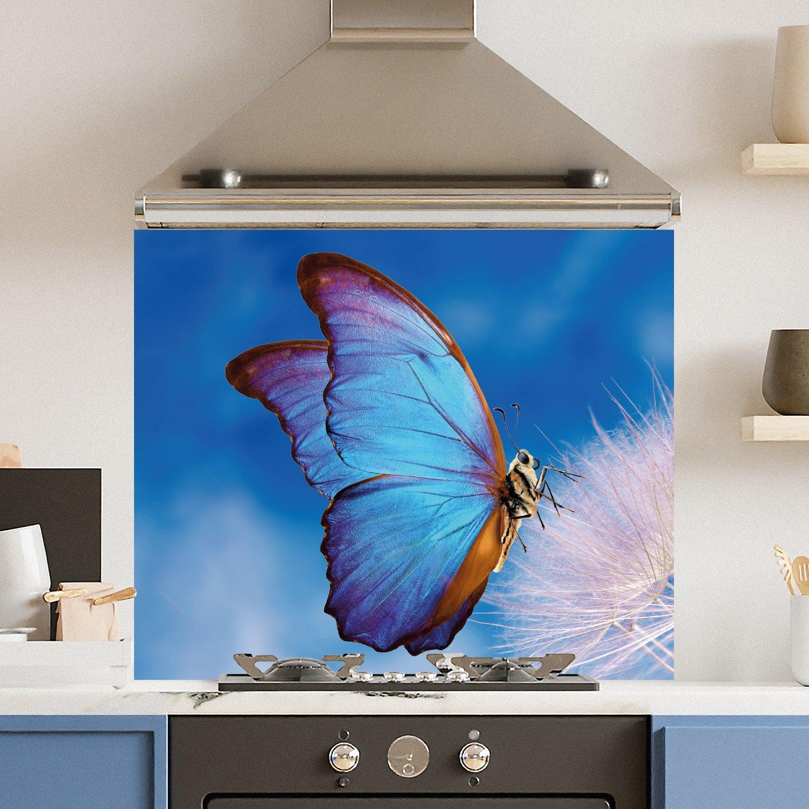 Premium 90cm x 75cm 6mm  Glass Blue Butterfly Kitchen Splashback Various Sizes Toughened - 90 cm