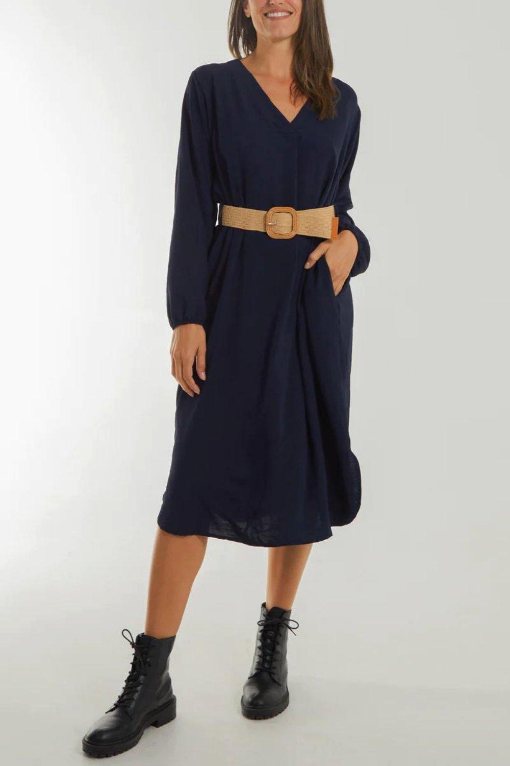Loose Fit Long Sleeves V Neck Midi Dress with Matching Belt