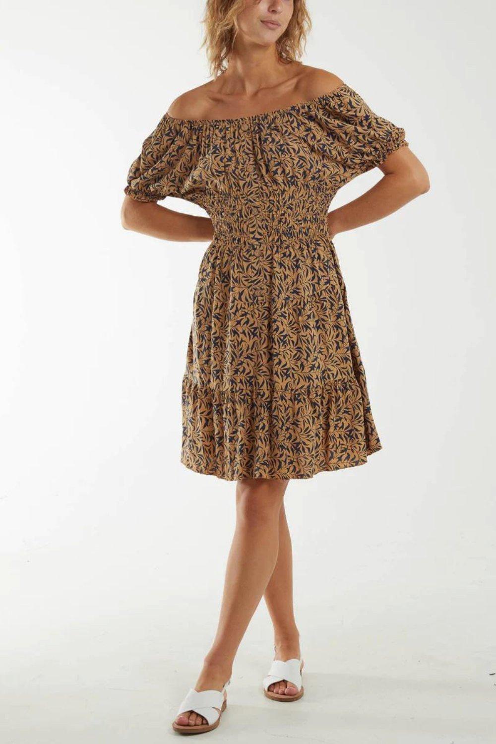Oversized Off Shoulder Shirred Waist Button Down Mini Dress with Leaf Print