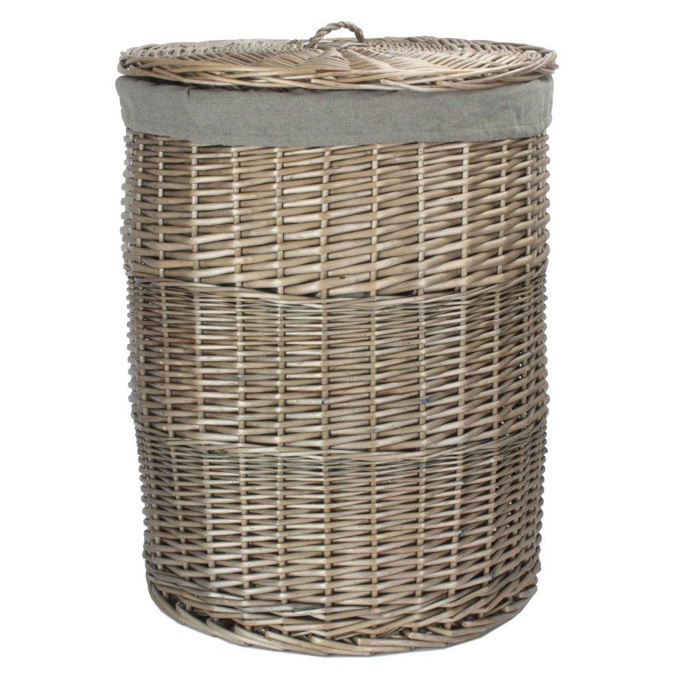 Large Antique Wash Round Linen Basket with Grey Sage Lining