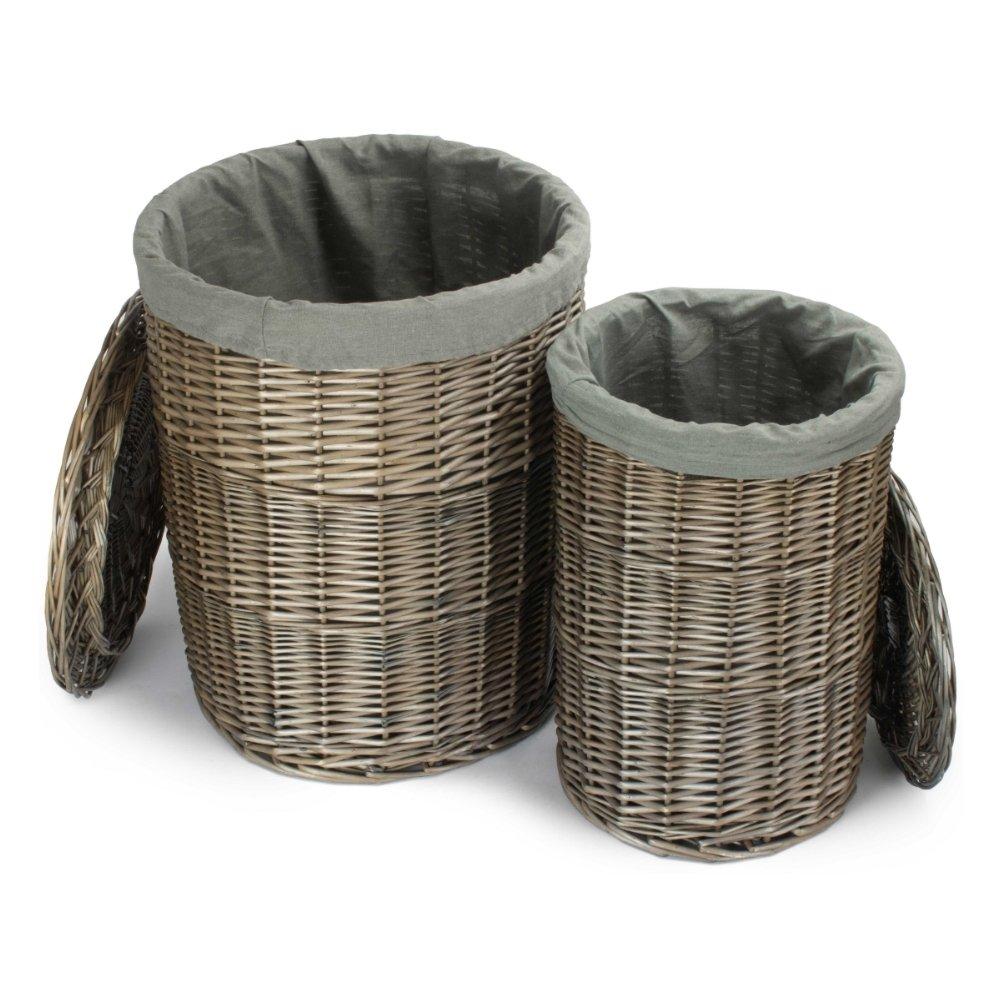 Set of 2 Antique Wash Round Linen Basket with Grey Sage Lining