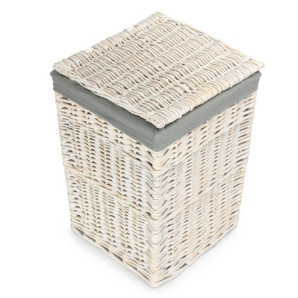 Small Square White Wash Laundry Hamper with Grey Sage Lining