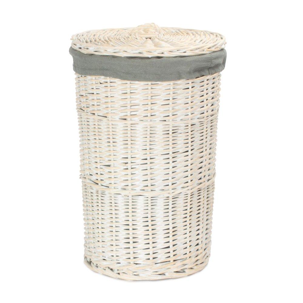 Small Round White Wash Laundry Hamper with Grey Sage Lining