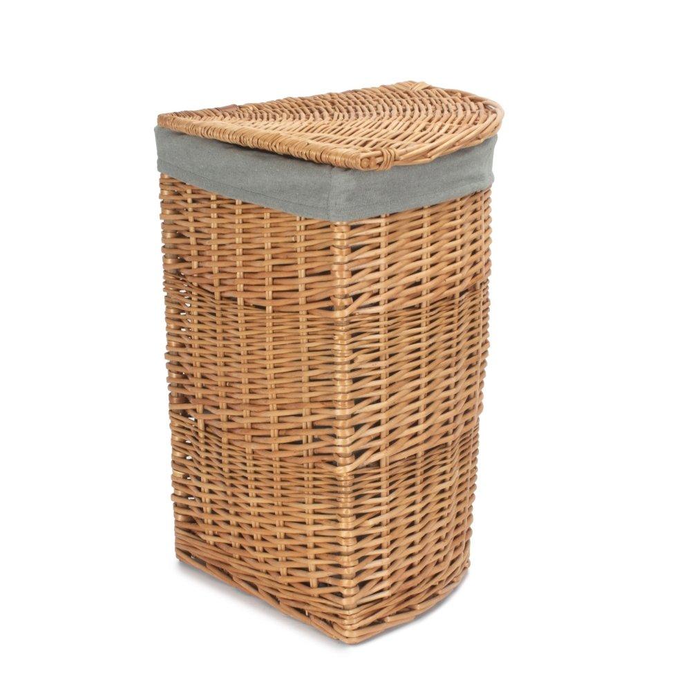 Small Light Steamed Corner Linen Basket with Grey Sage Lining