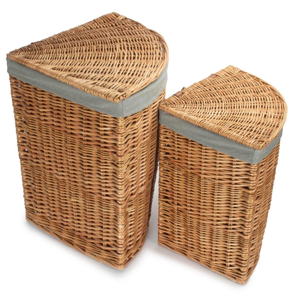 Set of 2 Light Steamed Corner Linen Basket with Grey Sage Lining