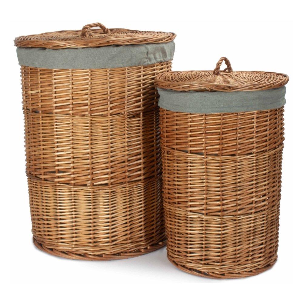 Set of 2 Light Steamed Round Linen Basket with Grey Sage Lining