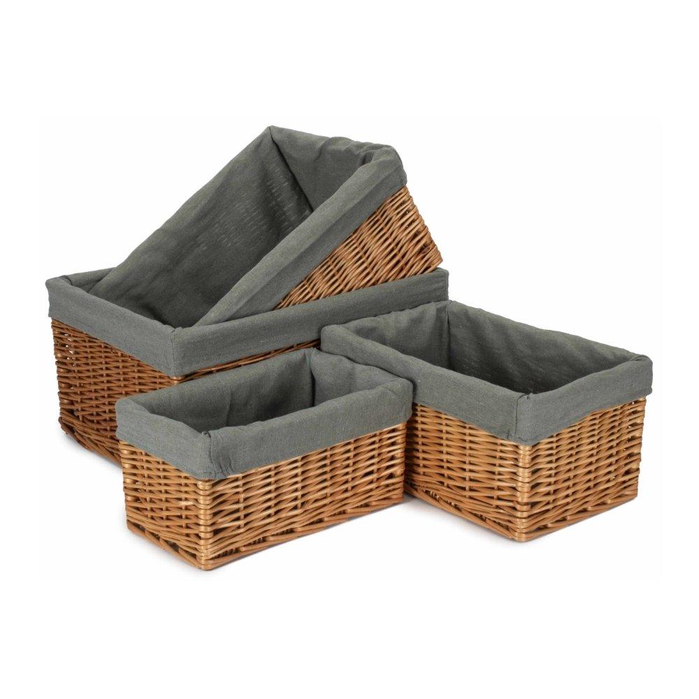 Set of 4 Double Steamed Grey Cotton Lined Willow Storage Baskets
