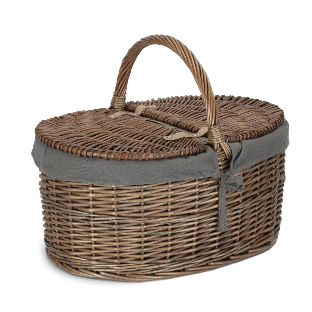 Wicker Deep Antique Wash Oval Picnic Basket With Cotton Lining