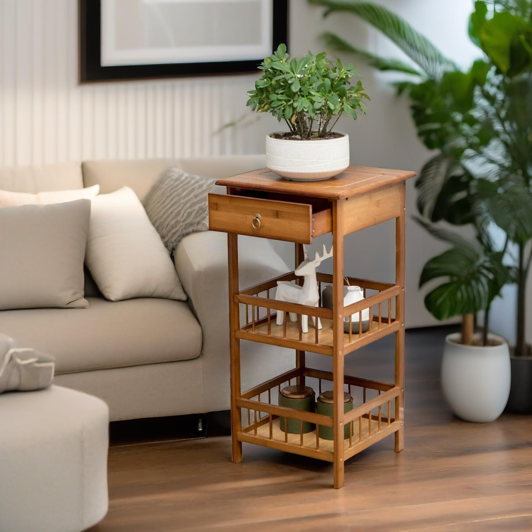 3 Tier Bamboo Tall Side Table With Drawer
