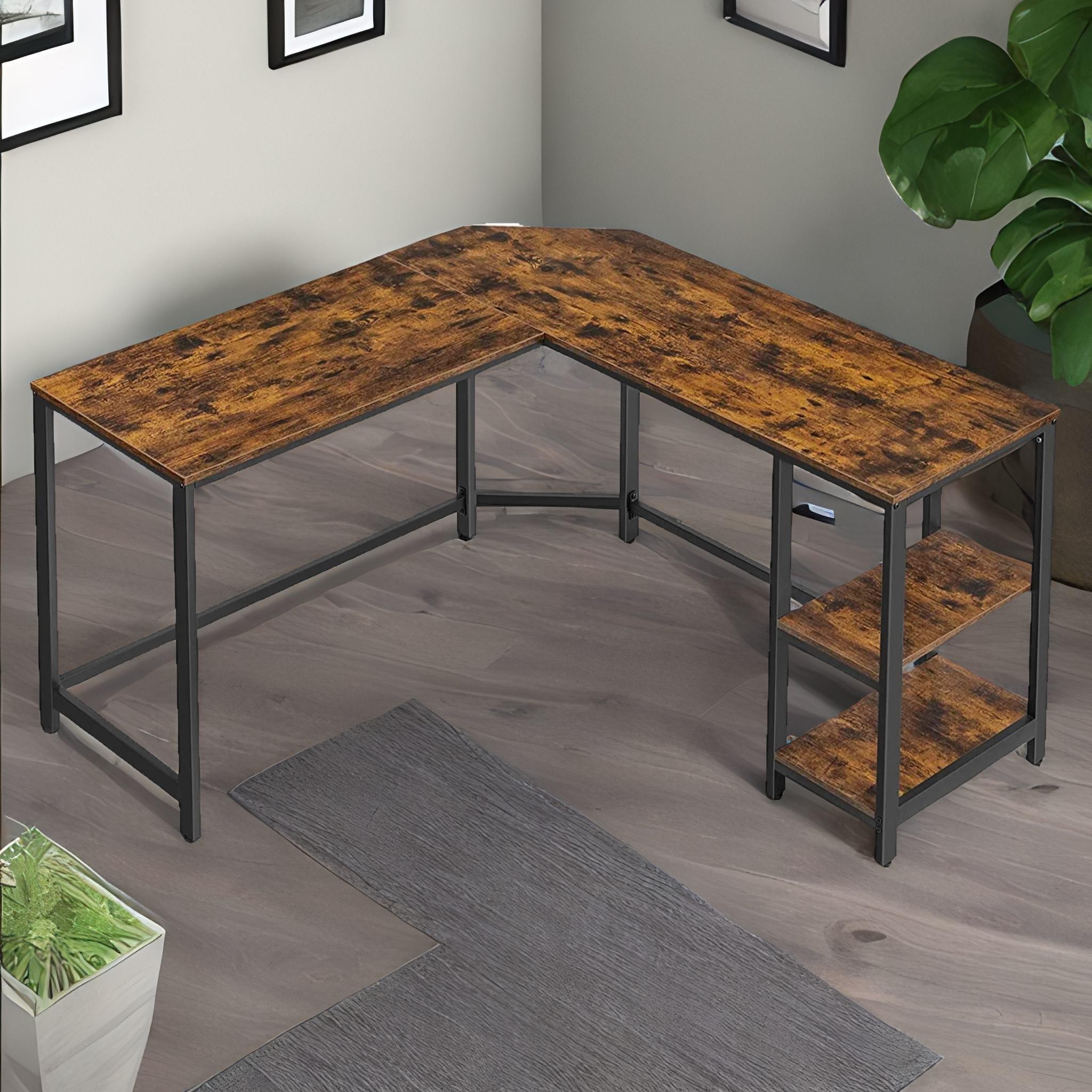 Industrial Rustic L-Shaped Writing Desk With Steel Frame