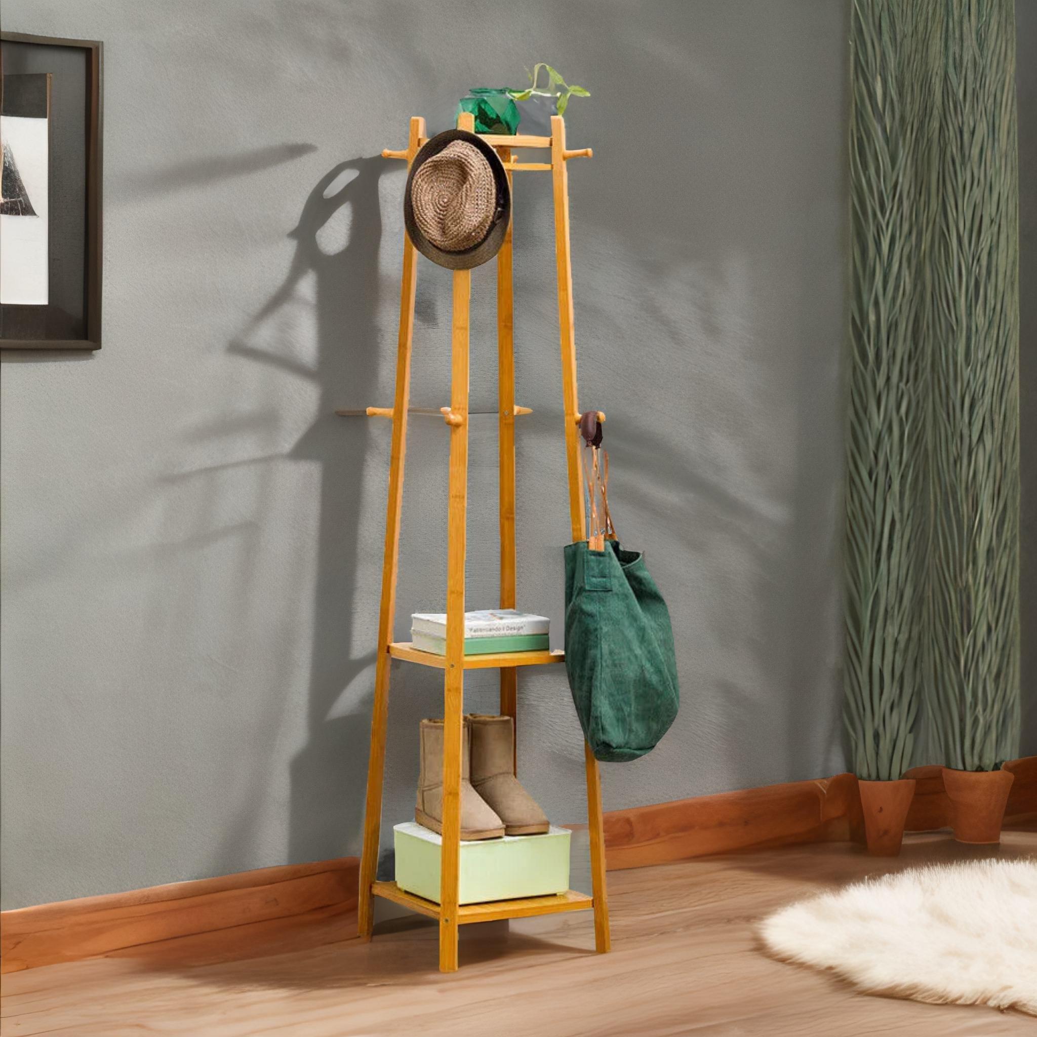 Bamboo Coat Rack Stand With 3 Shelves