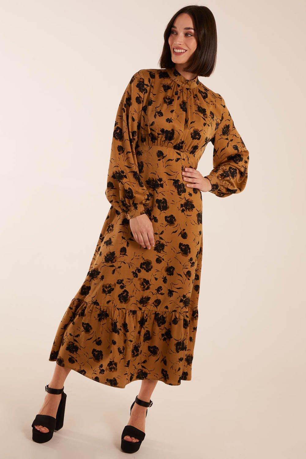 High Neck Midi Dress With Tiered Skirt and Puff Long Sleeves